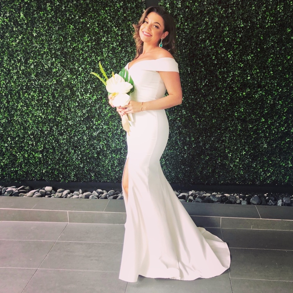Jarlo Bardot Maxi Dress With Thigh Split & Train